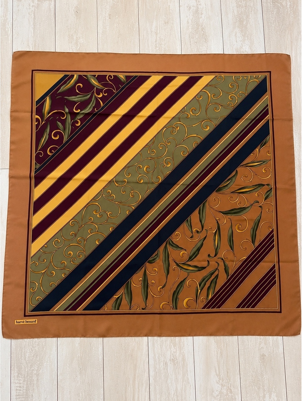 Harvé Benard Vintage Silk Blend Square Scarf Brown Burgundy Gold Floral